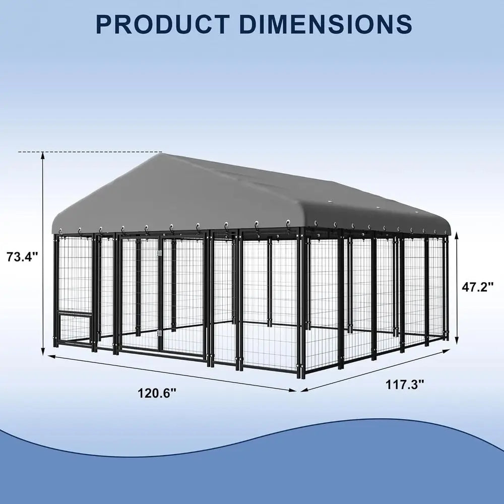 10x10FT Dog Kennel Outside Double Door Outdoor with Feeding, Heavy Duty Dog Crate Durable Cage with Roof & Double Lock
