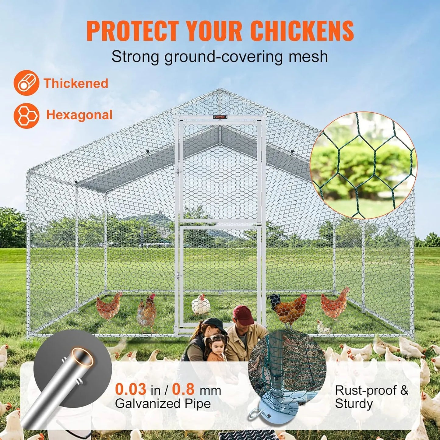 Large Metal Chicken Coop with Run, Walkin Poultry Cage for Yard with Waterproof Cover, 13.1 x 9.8 x 6.4 ft Dome Roof for Hen