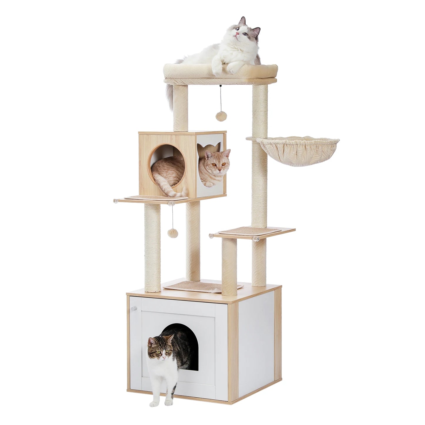 Cat Tree with Litter Box Enclosure Large Wood Cat Tower with Storage Cabinet and Cozy Cat Condo Sisal Covered Scratching Post