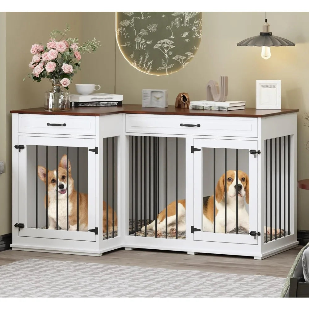 Large Corner Dog Crate Furniture, Wooden L Shaped Double Dog Crate Kennel Furniture with 2 Drawers and Divider, XXL Heavty Duty