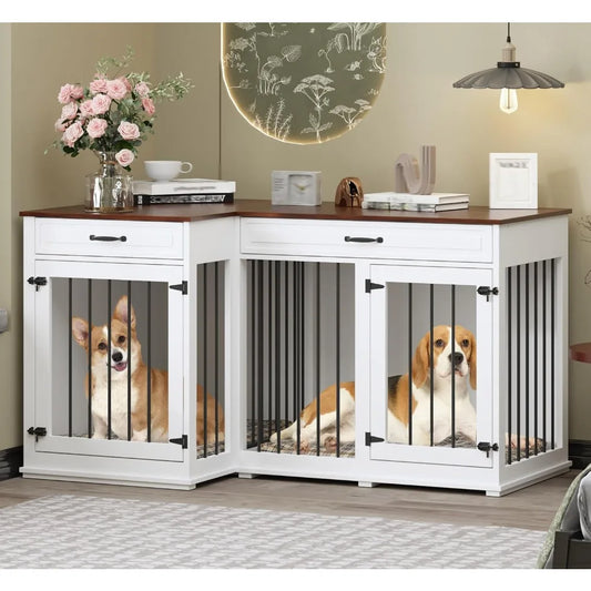 Large Corner Dog Crate Furniture, Wooden L Shaped Double Dog Crate Kennel Furniture with 2 Drawers and Divider, XXL Heavty Duty