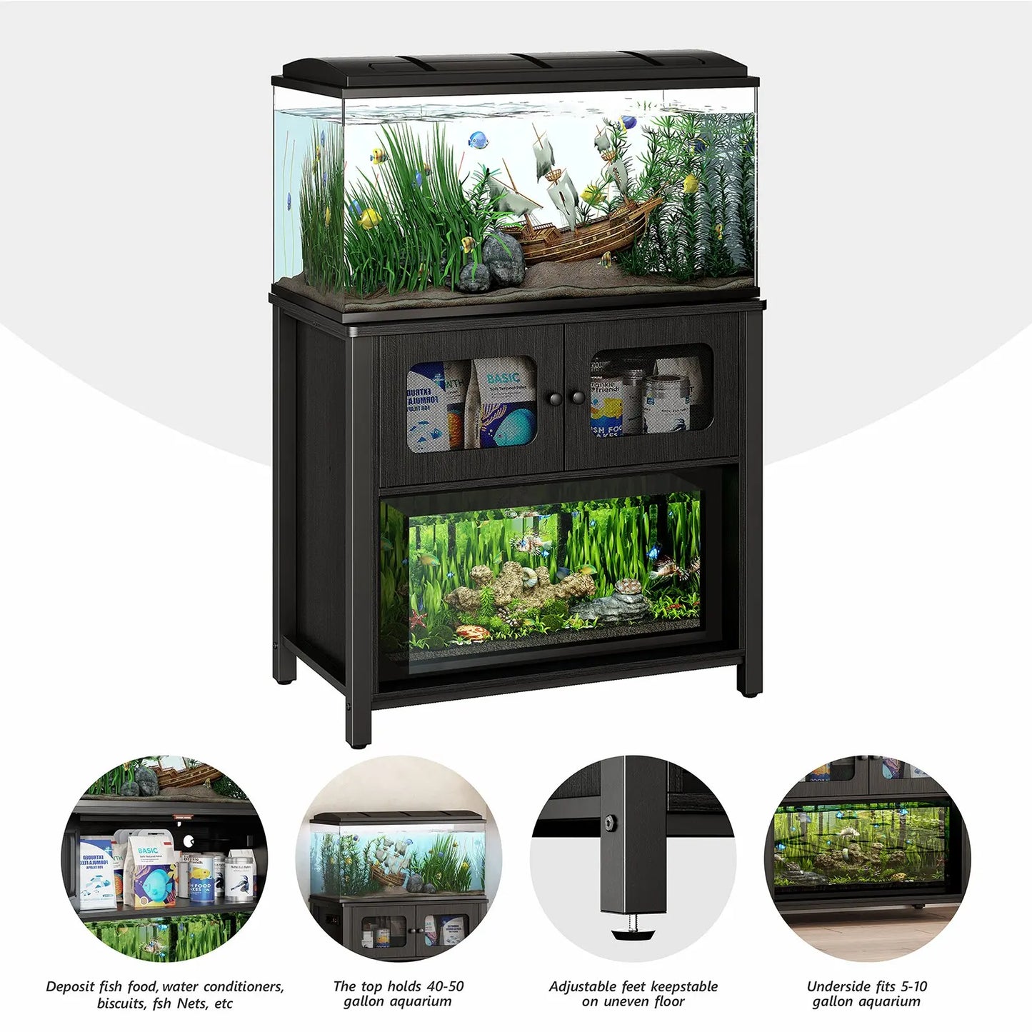 40-50 Gallon Aquarium Stand w/ Cabinet Storage,Fish Tank Stand Reptile Tank w/ Charging Station Adjustable Feet,Anti-tilt Device