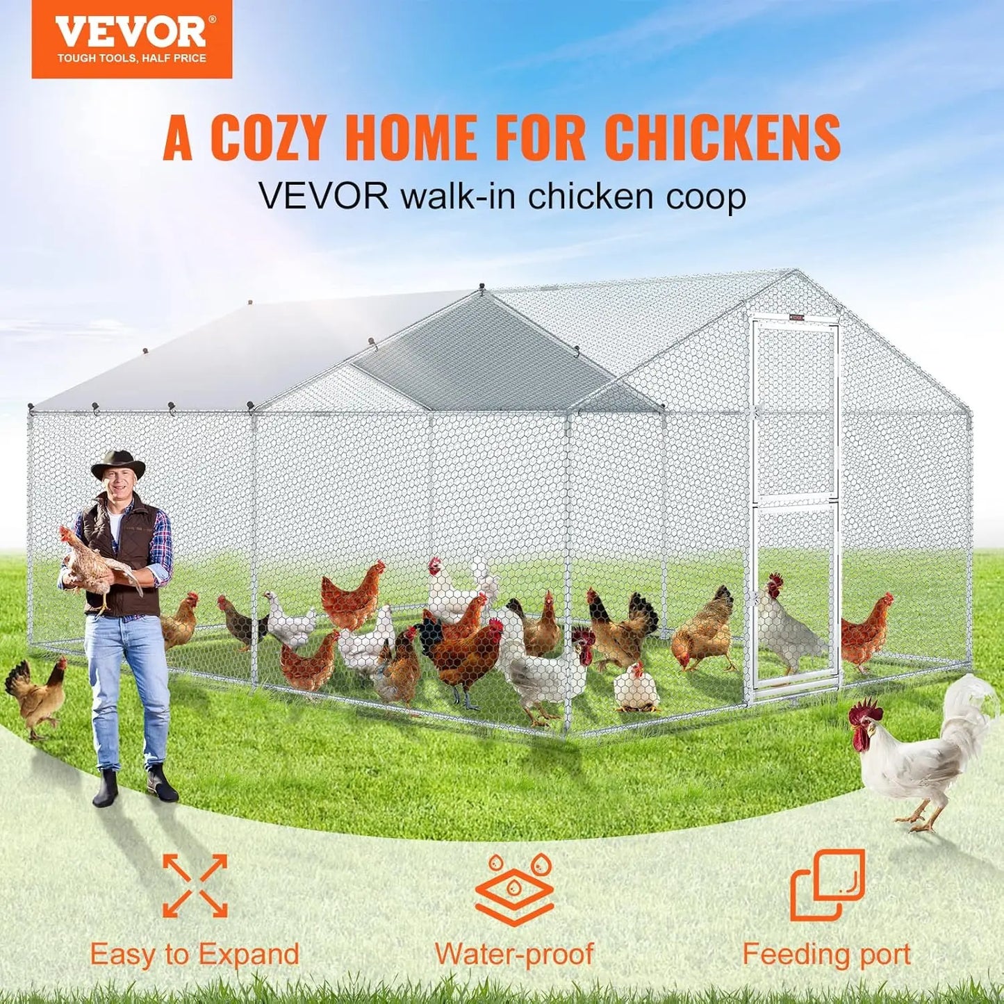 Large Metal Chicken Coop with Run, Walkin Poultry Cage for Yard with Waterproof Cover, 13.1 x 9.8 x 6.4 ft Dome Roof for Hen