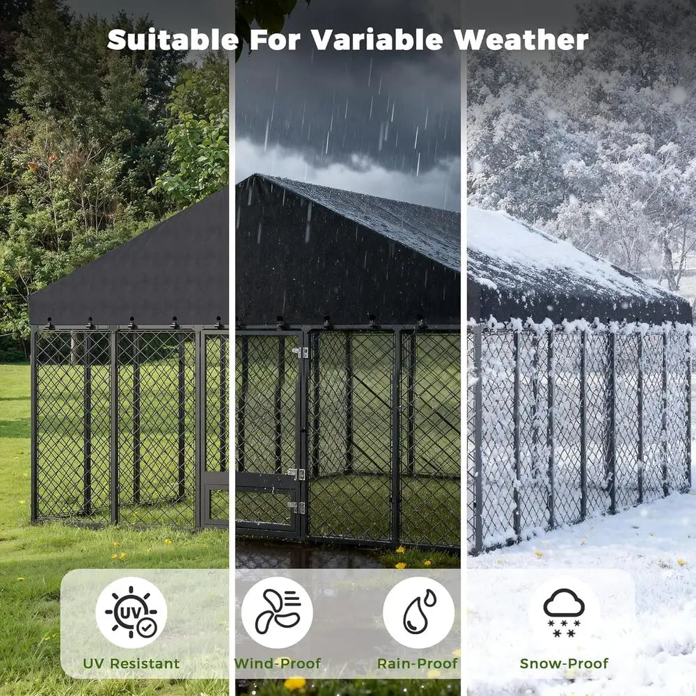 10x10x6.4 Large Outdoor Dog Kennel with Roof, Heavy Duty Anti-Rust Metal Dog Enclosure Fence for All Weather Resistant, Secure D