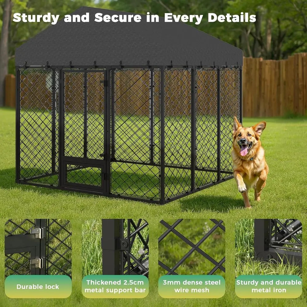 10x10x6.4 Large Outdoor Dog Kennel with Roof, Heavy Duty Anti-Rust Metal Dog Enclosure Fence for All Weather Resistant, Secure D
