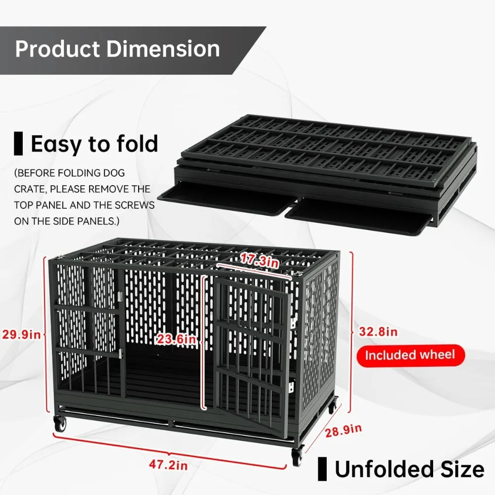 48 Inch Heavy Duty Dog Crate with Wheels, Folding Metal Cage for Large Dogs, XL XXL Indestructible Kennel with Removable Tray