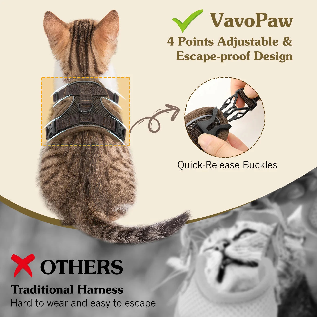 VavoPaw Cat Harness and Leash Set for Walking Adjustable Kitten Vest Harness with Reflective Strip Breathable Mesh Cat Harness