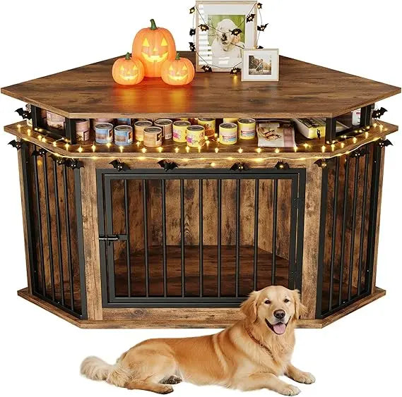 51 Corner Wooden Dog Crate Furniture with 2-Tier Shelves, Pet Kennel for Large Dogs, Space-Saving Dog Cage for TV Stand