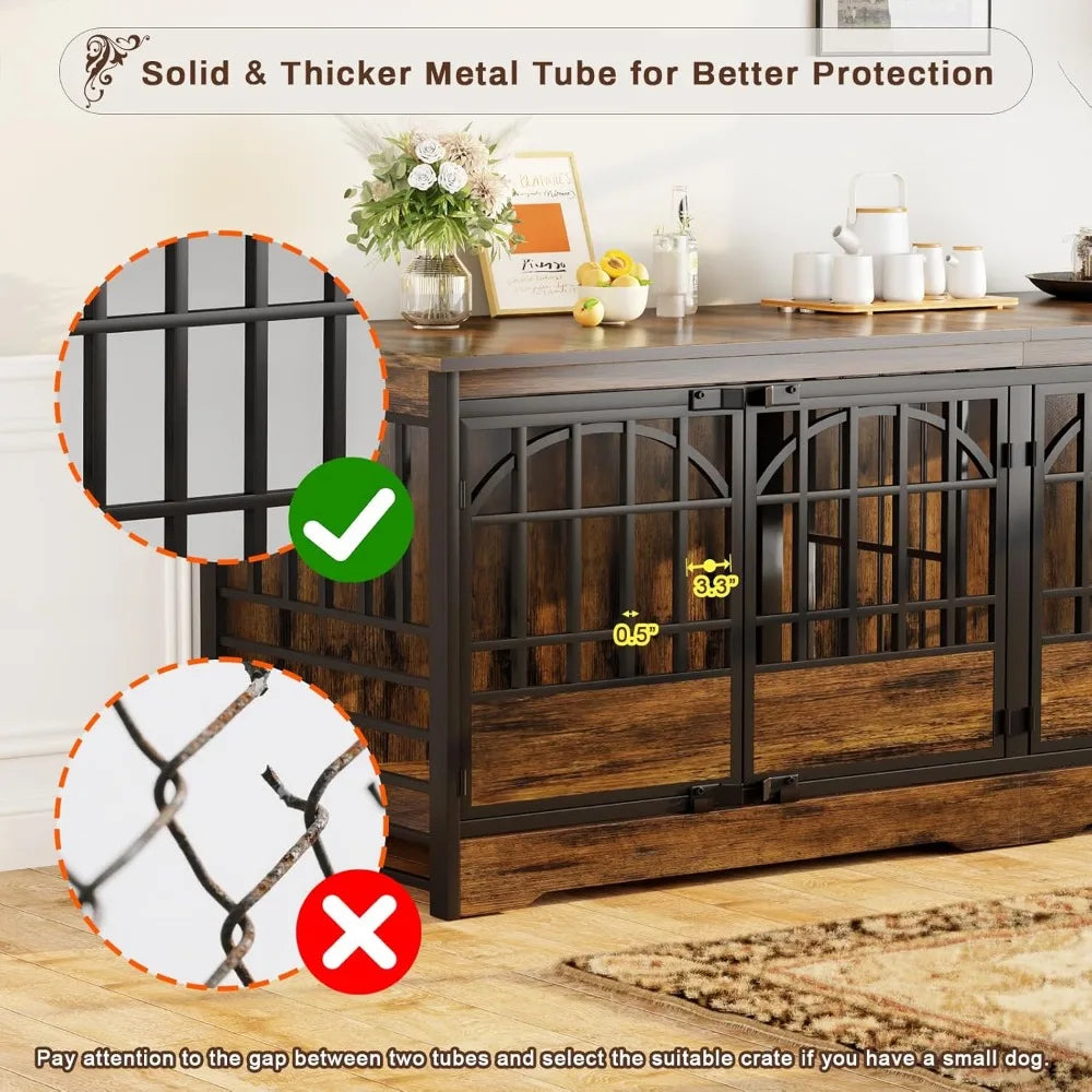 86 inch double dog crate furniture for 2 large dogs, decorative dog kennel indoor tv stand, heavy duty wooden dog cage for larg