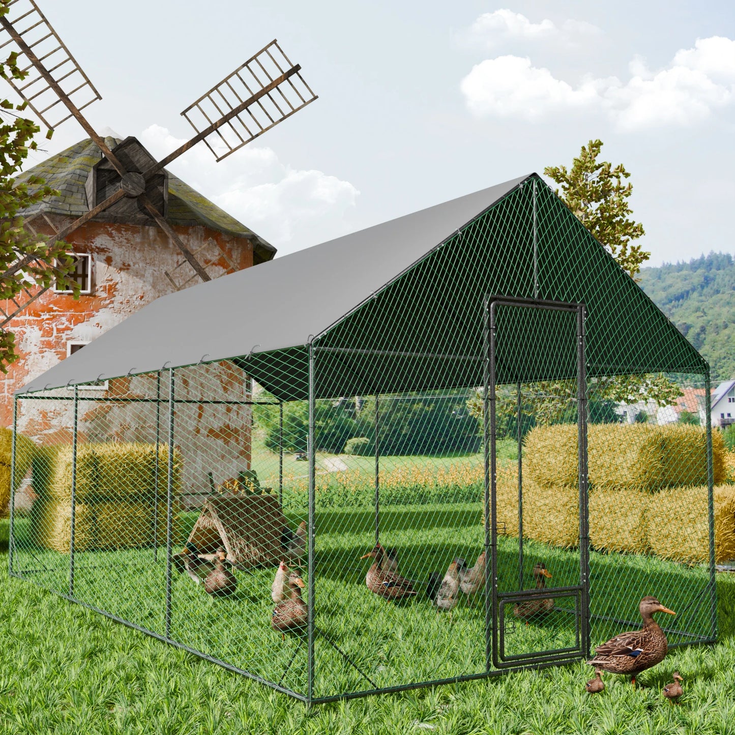 Large Outdoor Upgrade Metal Chicken Coop Walk-in Poultry Run Pen Cage Pet Duck Hen House with Nylon Netting and Cover for Yards