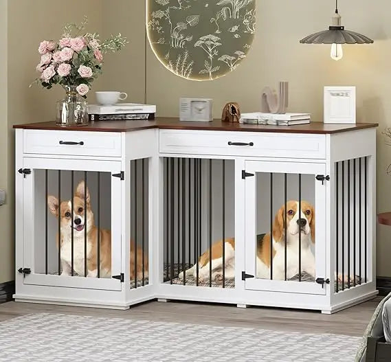 Large Corner Dog Crate Furniture, Wooden L Shaped Double Dog Crate Kennel Furniture with 2 Drawers and Divider, XXL Heavty Duty