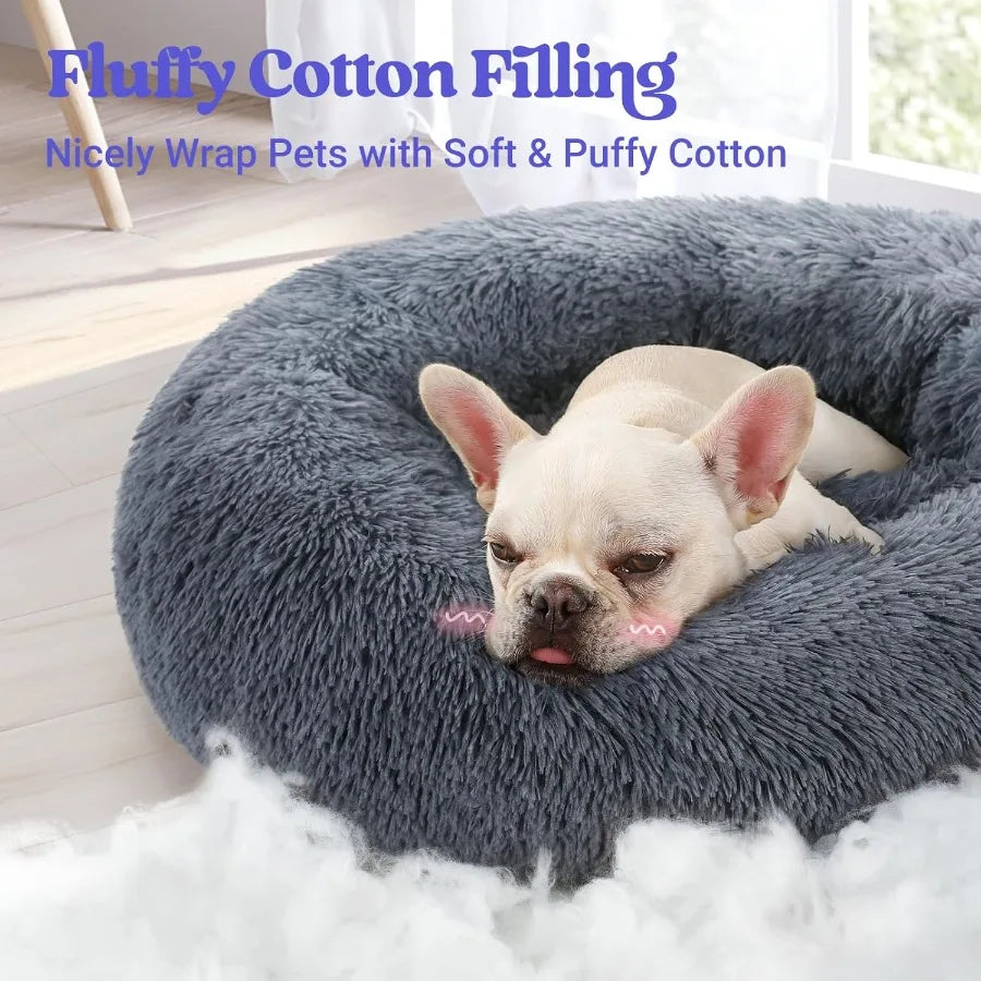 Dog Bed for Small 24 inches Machine Washable Fluffy Donut Pet Bed AntiSlip Calming Soft Plush Round Cushion Fits up to 18 lbs P