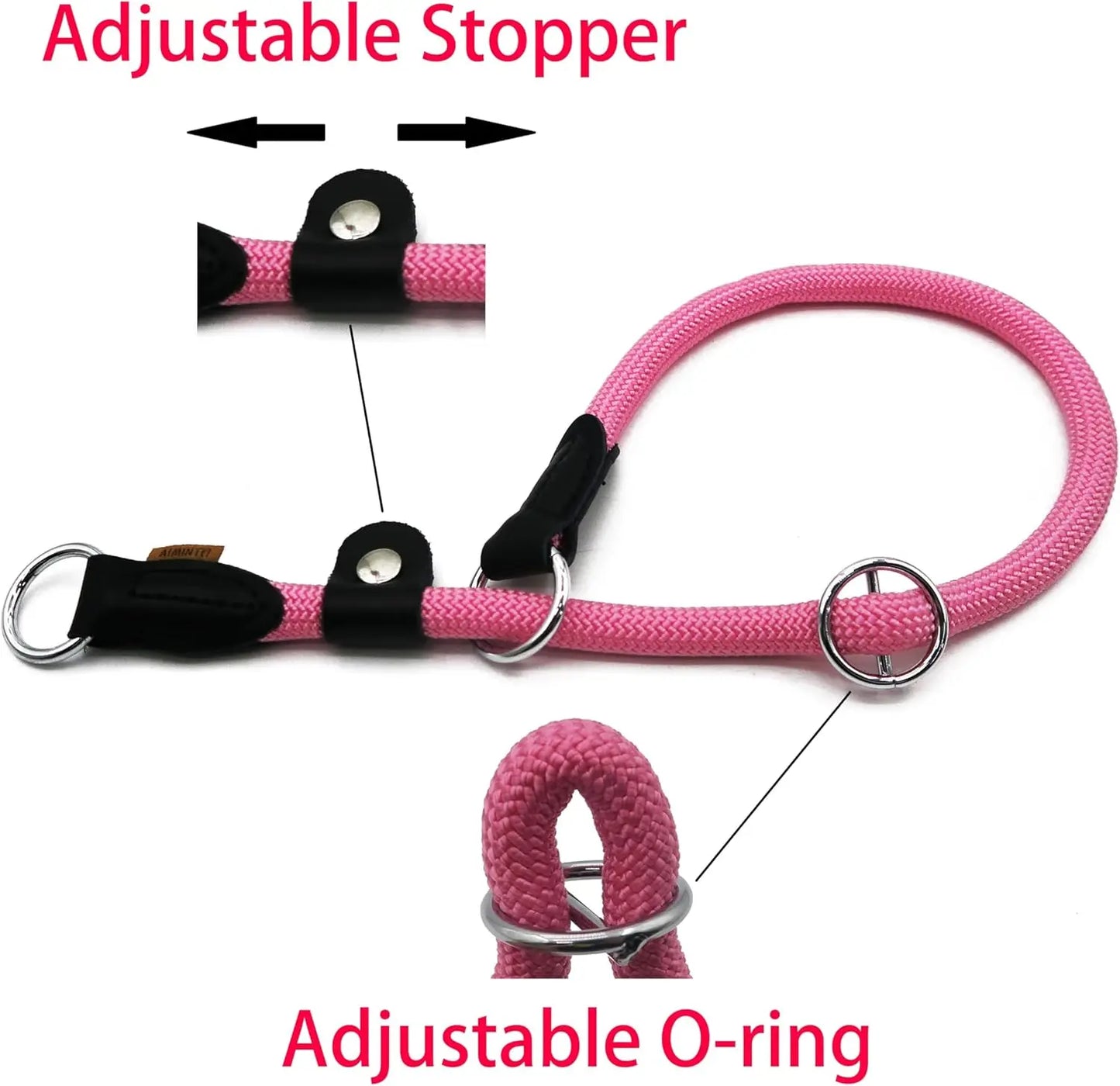 Pink Braided Martingale Dog Collar with Slidable Stop Ring, Adjustable for Small Dogs