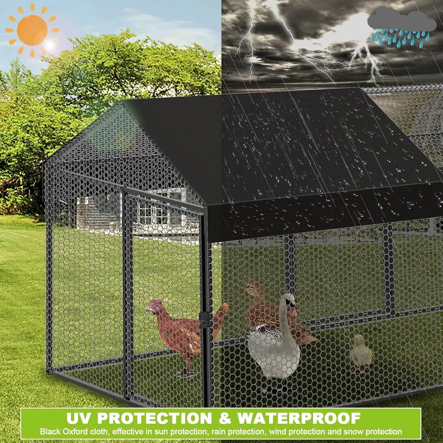 large metal chicken coop chicken run with cover for 10-12 chickens 120"×40"×40" portable poultry cage hen house outdoor backyard