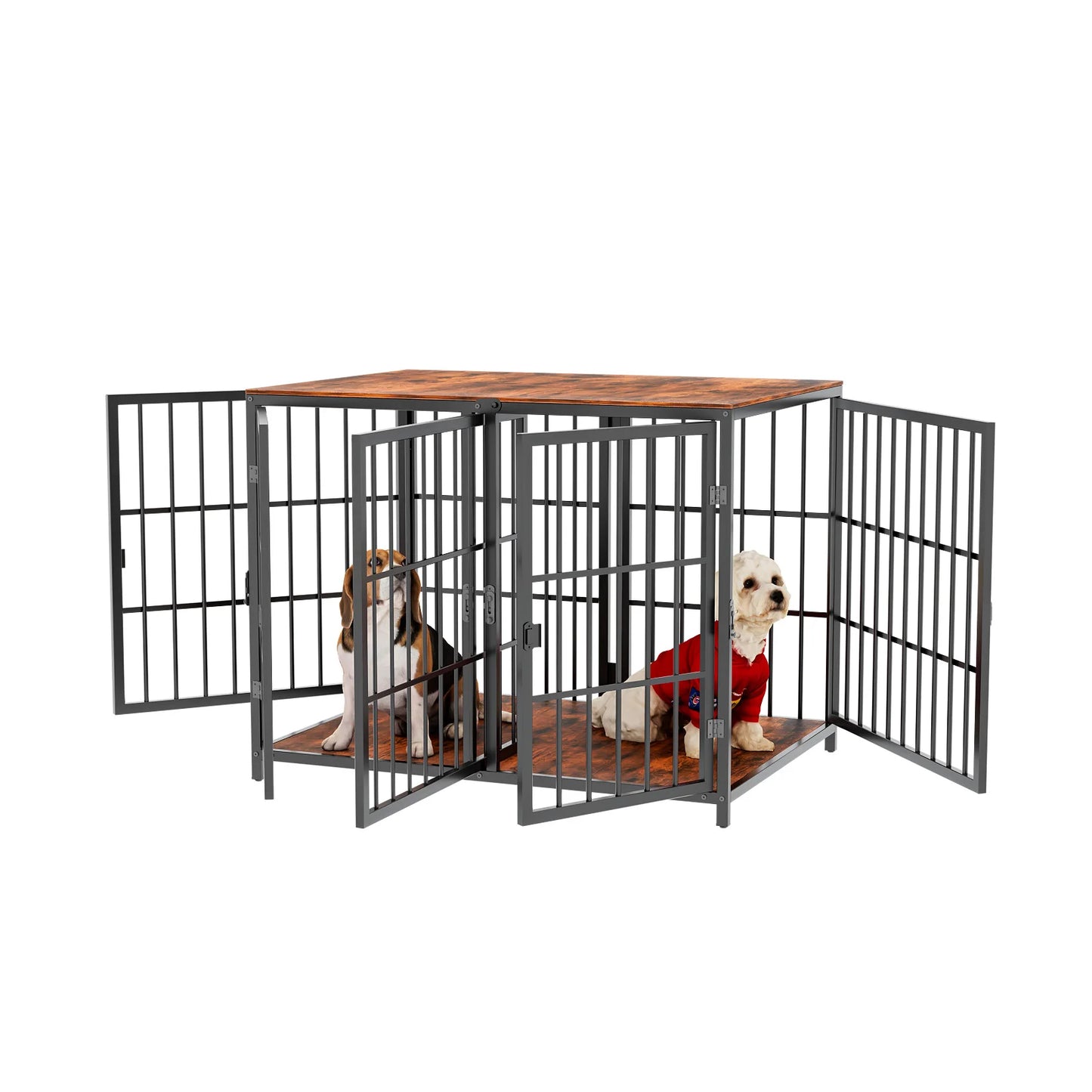 Heavy Duty Dog House End Table Furniture with Four Doors and Lock Latches Divider Wood Metal Pet Kennel Cage Crate