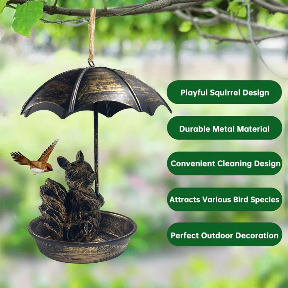 Squirrel/Cat/Dog Animal Bird Feeder Animal Holding Umbrella Metal Bird Feeders Hanging Bird Feeder Dish for Yard Patio Landscape