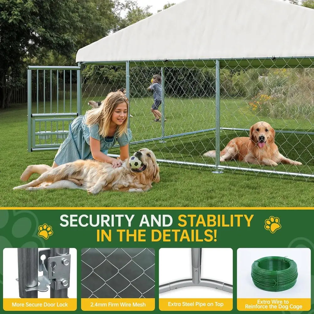 10x10 Ft Outdoor Dog Kennel with Waterproof Cover, Rotating Bowls, Ideal for Backyard Farm Use