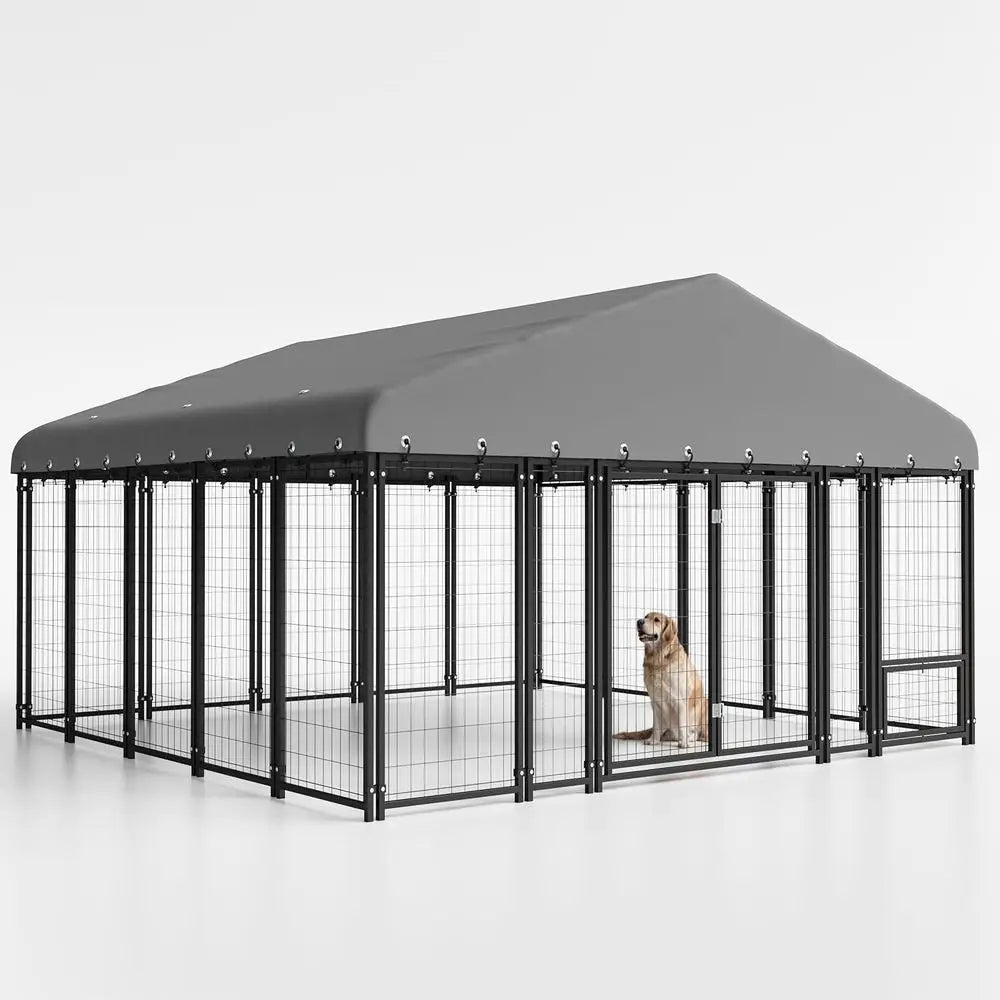 10x10FT Dog Kennel Outside Double Door Outdoor with Feeding, Heavy Duty Dog Crate Durable Cage with Roof & Double Lock