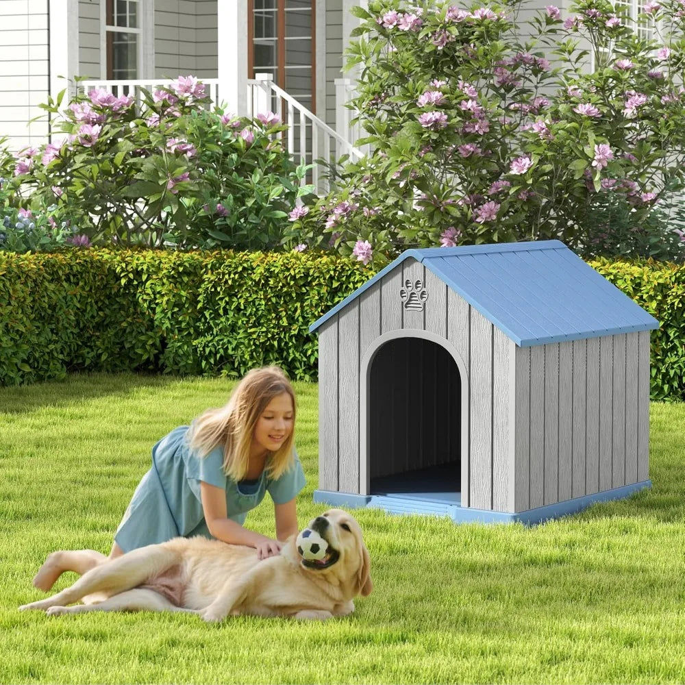 Medium to Large Dog House: Waterproof Plastic Outdoor and Indoor Doghouse with Elevated Floor and Ventilation