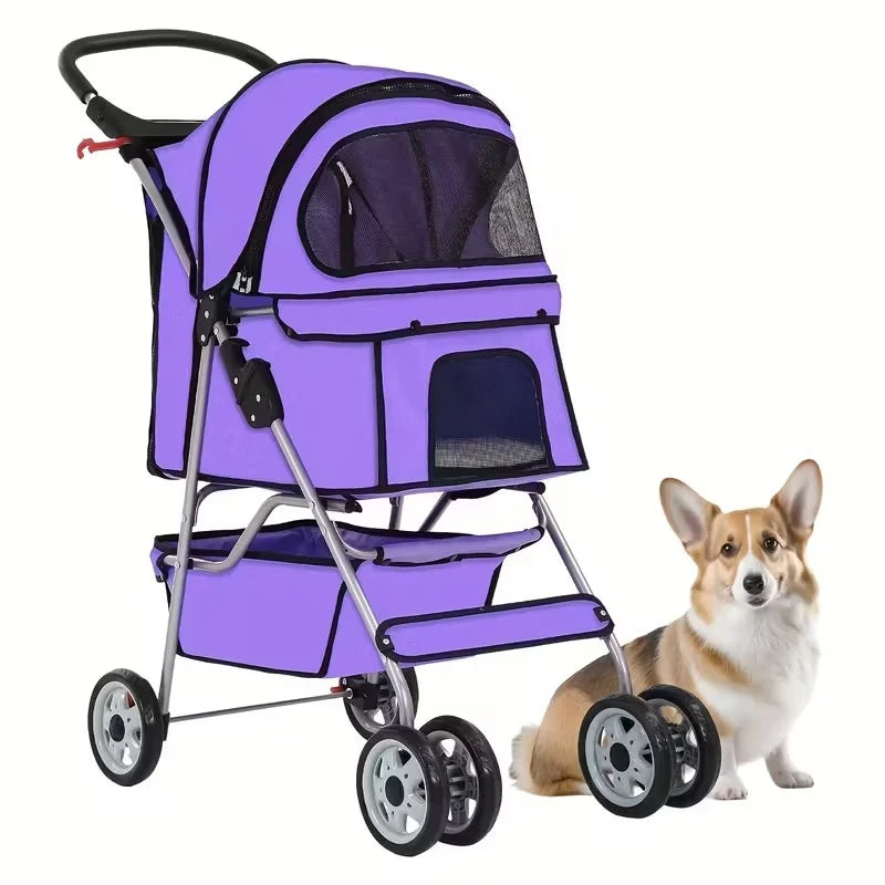 4 Wheels Dog Stroller,Pet Stroller Folding Carrier Waterproof Puppy with Cup Holder & Removable Liner for Small Medium Dogs Cats