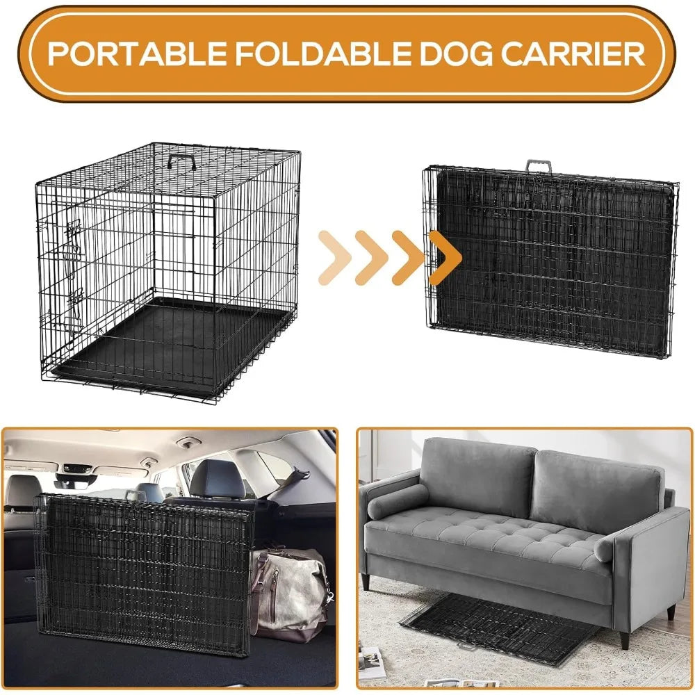 Dog Crate, 47 Inch Extra Large Wire Kennel with Divider Panel, Metal Cages with Double Door, Leak-Proof Pan Tray, Folding Portab