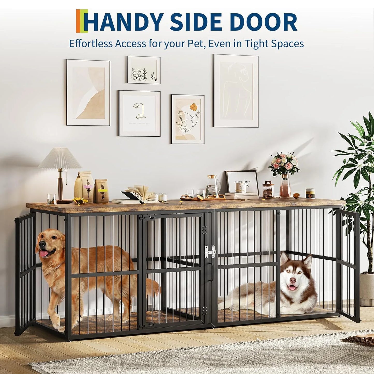 87" Extra Large 3 Lockable Doors Double Dog Crate Furniture With Divider Heavy Duty Wooden TV Stand Kennel For 2 Dogs