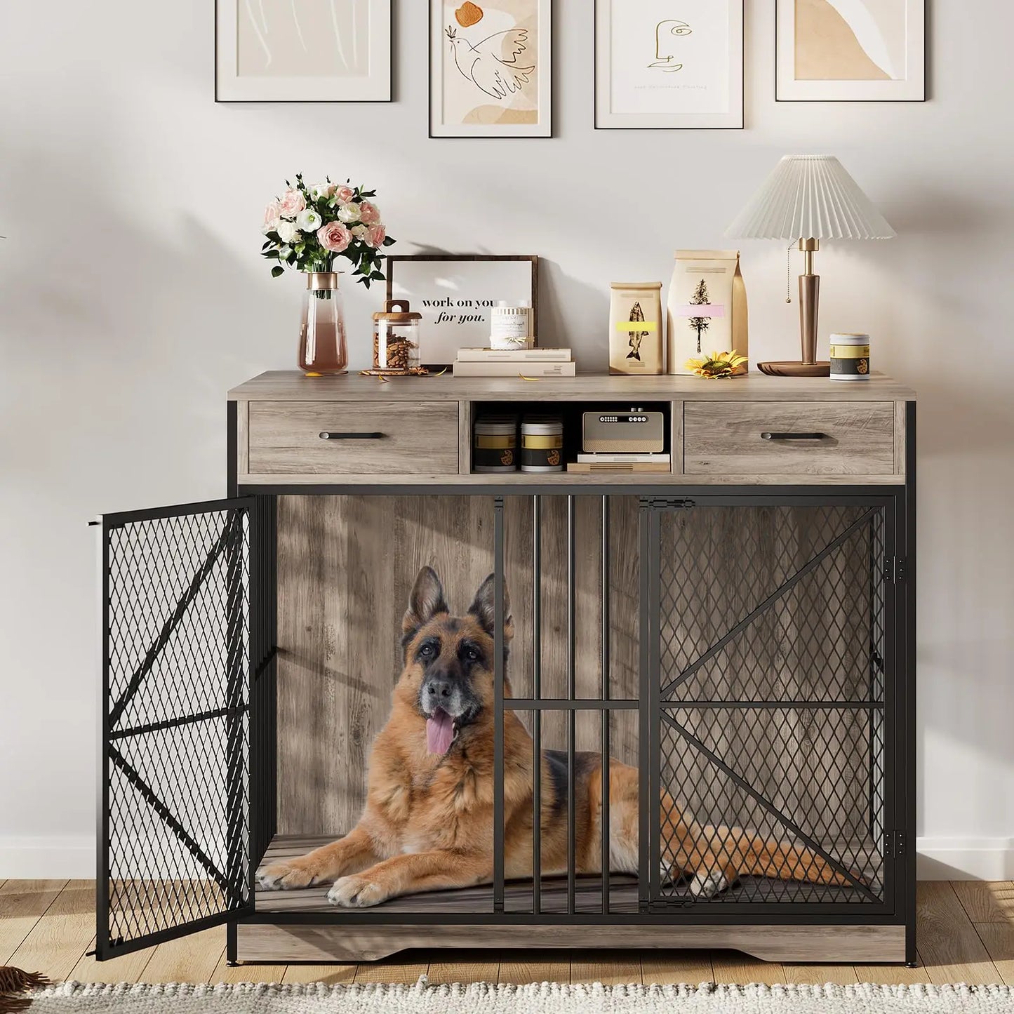 44" Large Dog Crate Furniture Heavy Duty Multi-Functional Pet Kennel Table With 2 Drawers Open Compartment Decorative Dog House