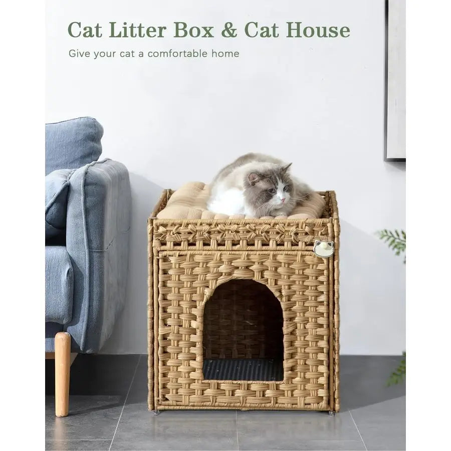 Litter Box Enclosure Furniture, Hidden Litter Box with Mat and Fence, Handwoven Rattan Cat House with Two SShaped Hooks for Livi
