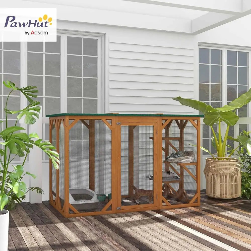 Catio Wooden Feral Cat Shelter with Platforms, Large Door, Weather Protection Roof, 71 L, Orange