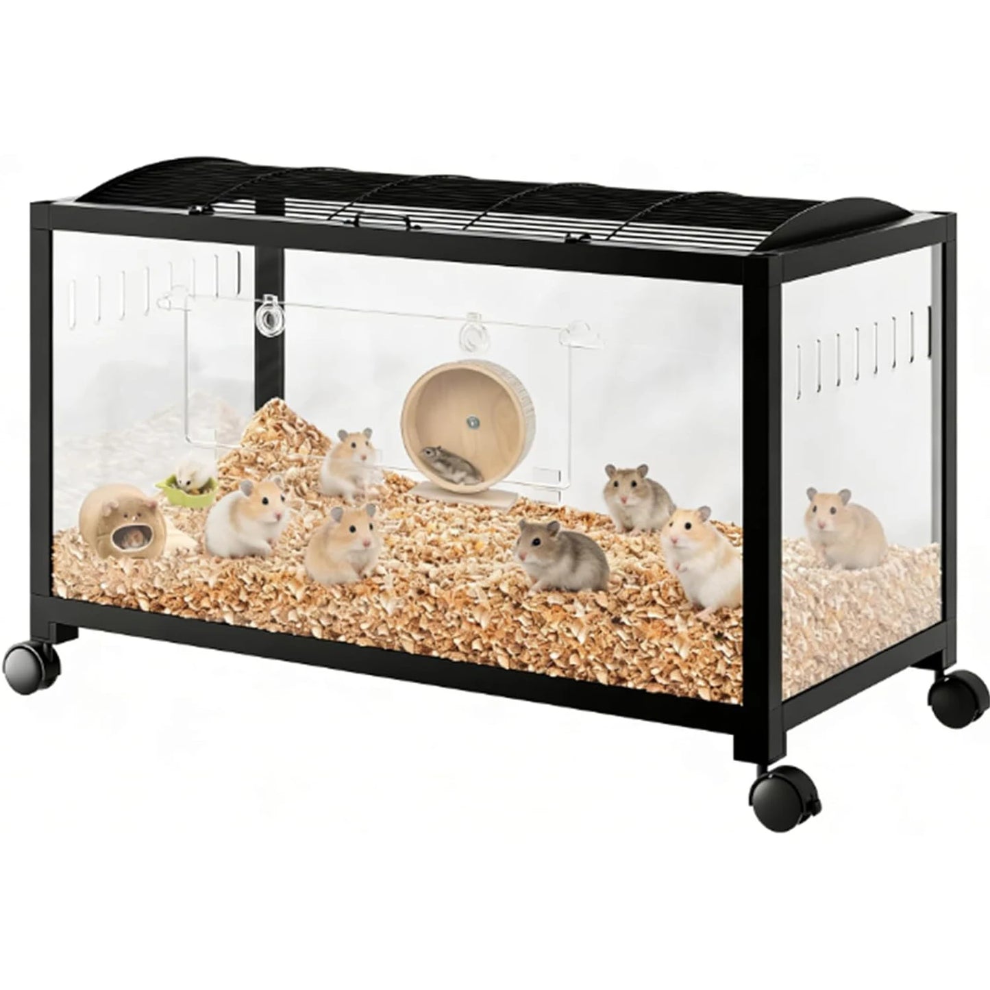 Hamster Cage with Wheels, 37.8" Metal & Acrylic Habitat for Hamster, Guinea Pig, Gerbil, Mice Chew-Proof  Easy Clean Dual Doors