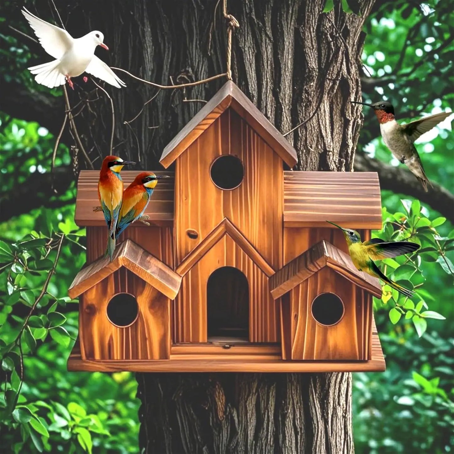 Outdoor bird house, handmade 6-hole, hanging bird house, used for gardening decoration and bird habitat