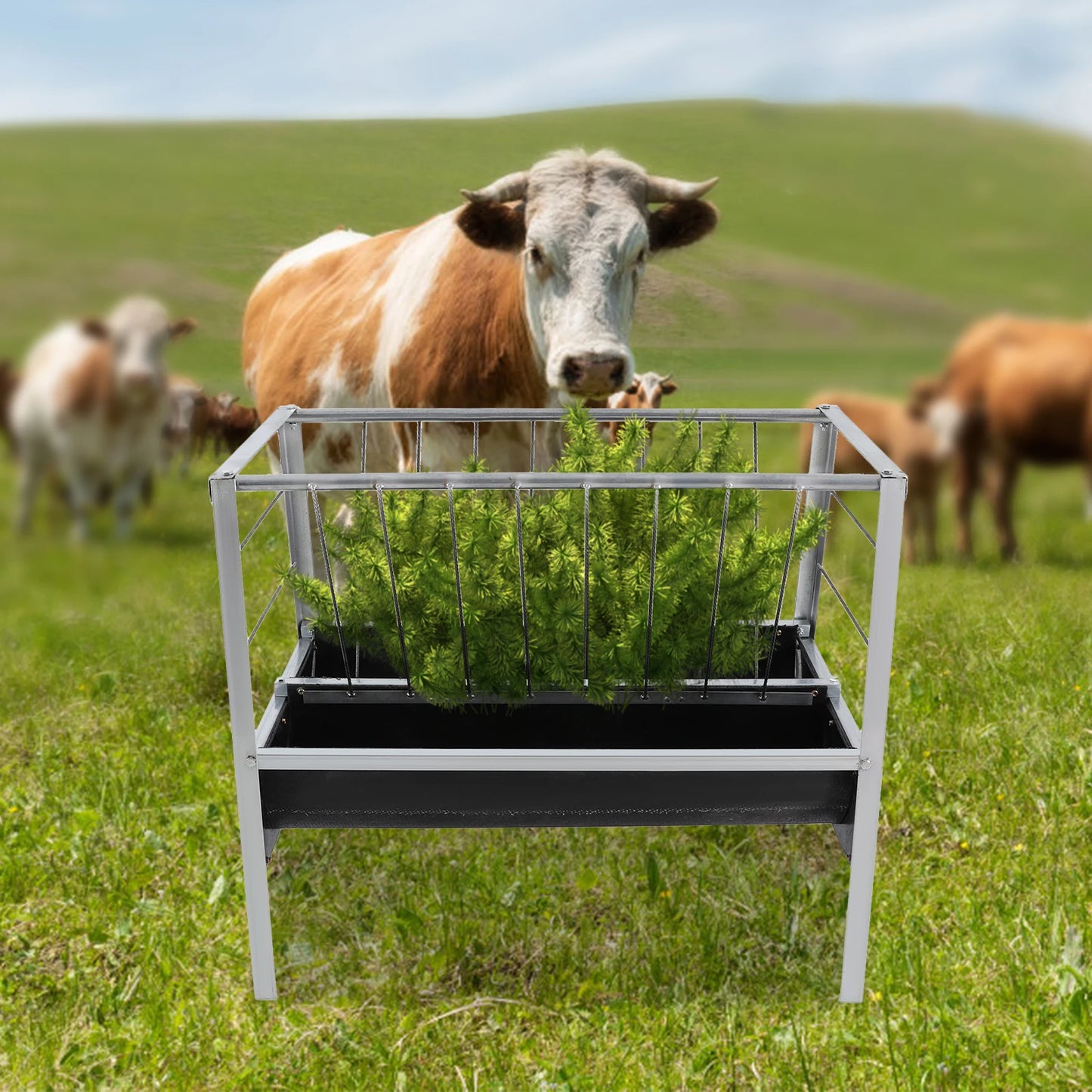 Livestock Feed Iron Trough,Silver+ Black Rectangular 2-in-1 Grain& Hay Feeder ,Floor Standing 100*65*85cm for Goats Sheep