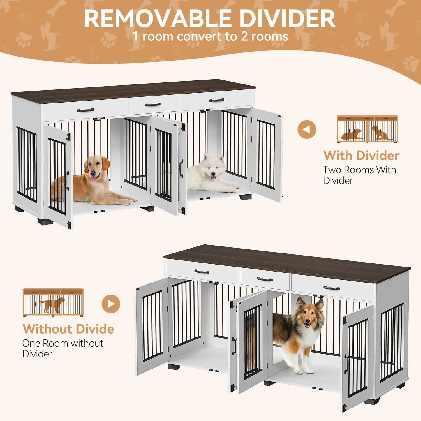 71'' Heavy Duty Double Dog Crate Furniture 2-in-1 Kennel With Divider 3 Storage Drawers & TV Stand For Medium Large Dogs