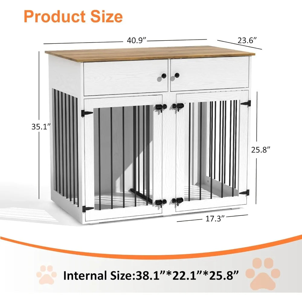 Large Dog Crate Furniture, 41 Inch Dog Kennel Indoor with Removable Divider & Double Doors, Wooden Dog Crates for 2 Dogs