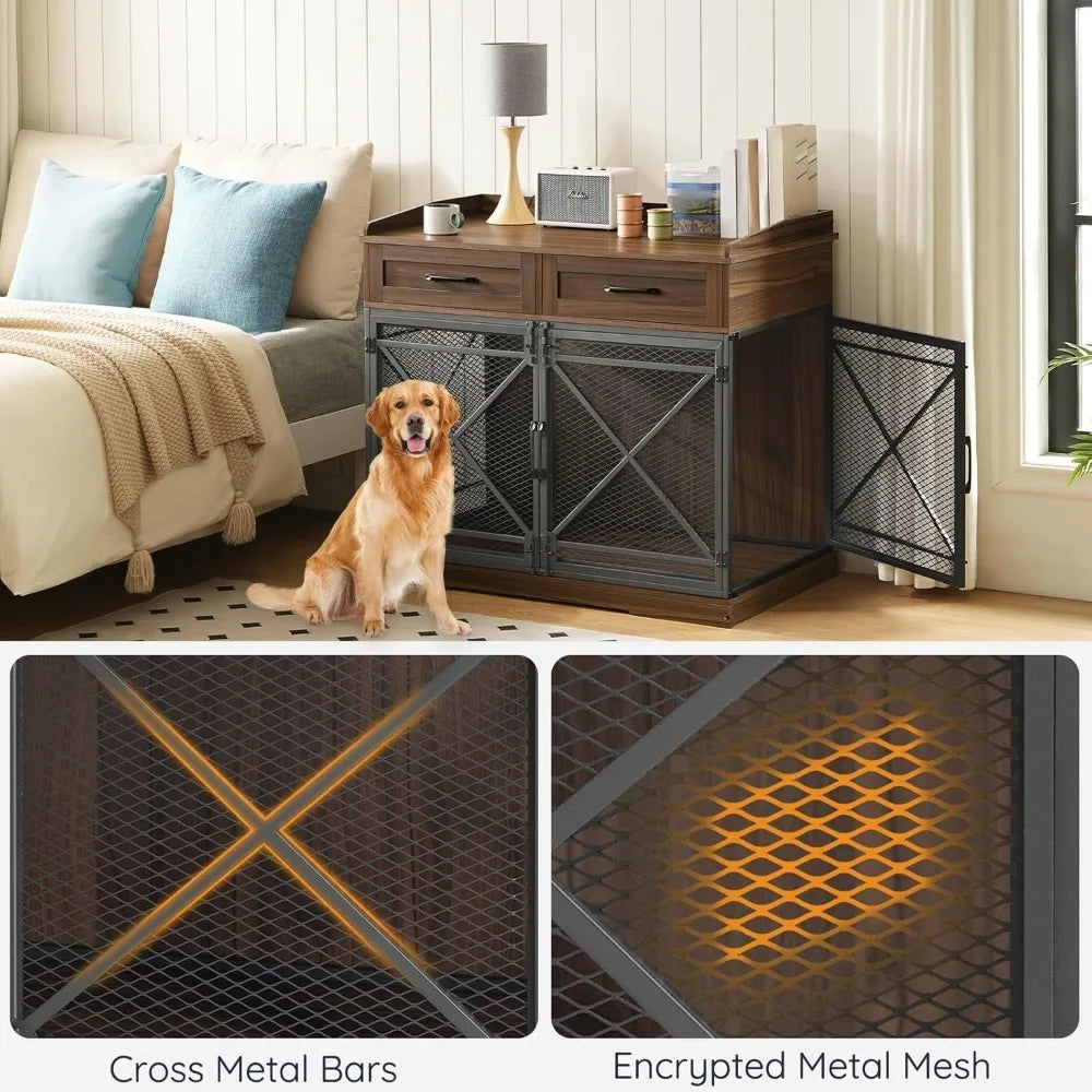 Heavy Duty Dog Crate Furniture, 39.4” Dog Kennel with Drawers, Wooden  Cage Indoor Side End Table for Medium Large Dog