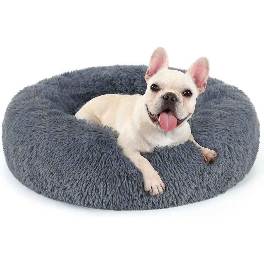 Dog Bed for Small 24 inches Machine Washable Fluffy Donut Pet Bed AntiSlip Calming Soft Plush Round Cushion Fits up to 18 lbs P