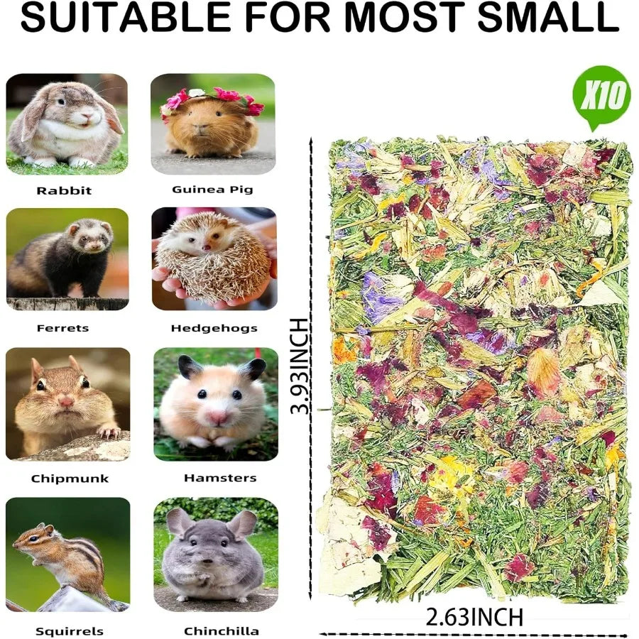 10 Pack Rabbit Toys with Herbal Flowers and Timothy Hay Grass Chips for Small Animals: Chew Toys for Guinea Pigs Hamsters Chinc