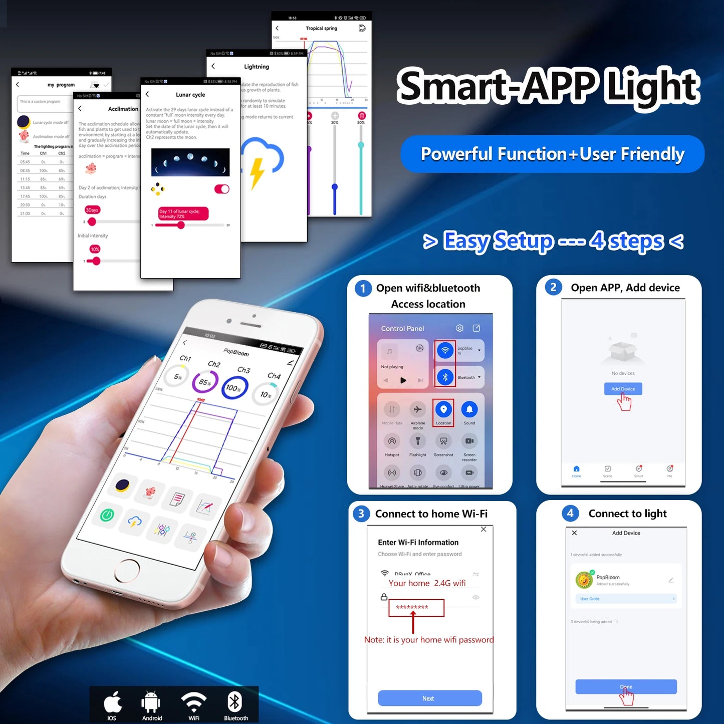 PopBloom RL90/RL180 WiFi Aquarium light, Full Spectrum Saltwater Aquarium Led Lamp for Reef Coral SPS/LPS Marine Aquarium Tank