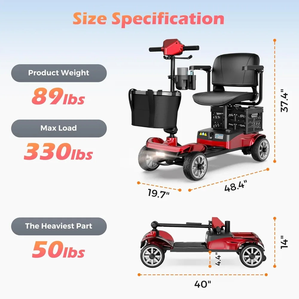 4 Wheel Mobility Scooter for Adults - Foldable Motorized Scooters 330 lb Capacity with Removable Battery, Dual Basket