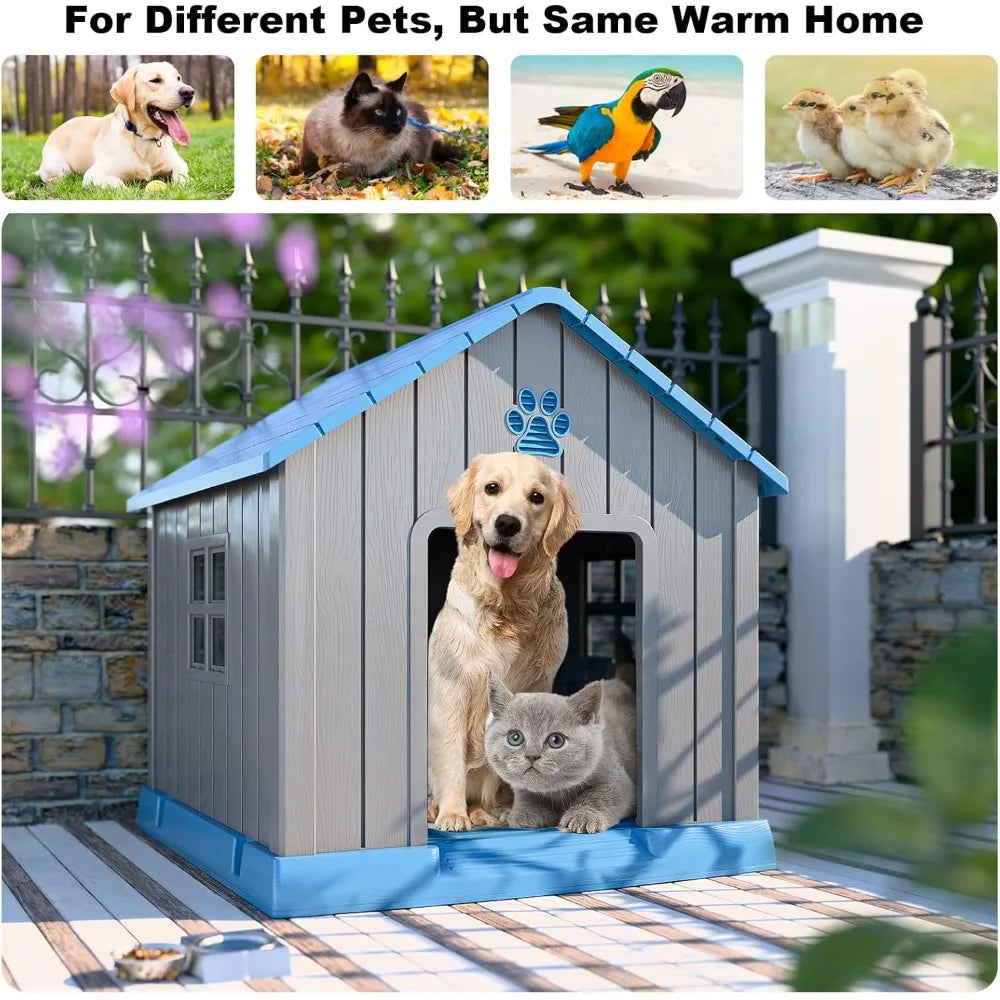 Indoor Outdoor Dog House Kennel, Peaked Deck Design, Waterproof and Warm Shelter for Dogs, Grey Blue Color