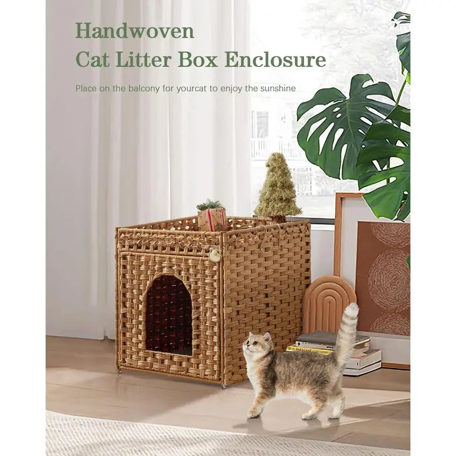 Litter Box Enclosure Furniture, Hidden Litter Box with Mat and Fence, Handwoven Rattan Cat House with Two SShaped Hooks for Livi