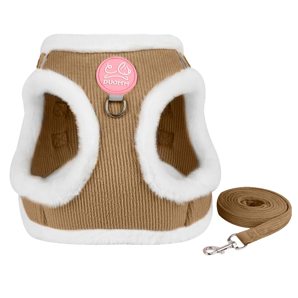 Autumn and Winter Warm Chihuahua Dog Harness with Fur, Pet Harness and Leash Set for Walking Dogs, Puppy Yorkies
