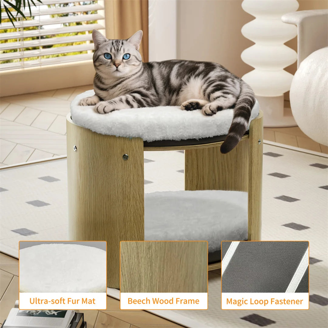 BINGOPAW 2-Layer Wood Cat Sofa Double Cat Tower Pet Bed Furniture with Removable Washable Thicker Soft Plush Mats