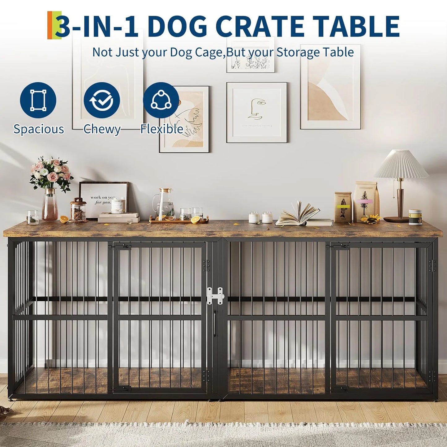 87" Extra Large 3 Lockable Doors Double Dog Crate Furniture With Divider Heavy Duty Wooden TV Stand Kennel For 2 Dogs