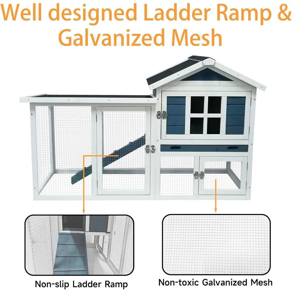 Large Outdoor Rabbit Hutch Weatherproof 2-Story Chicken Coop & Bunny Cage, Wooden Indoor/Outdoor Pet House with No-Leak Tray, Wa