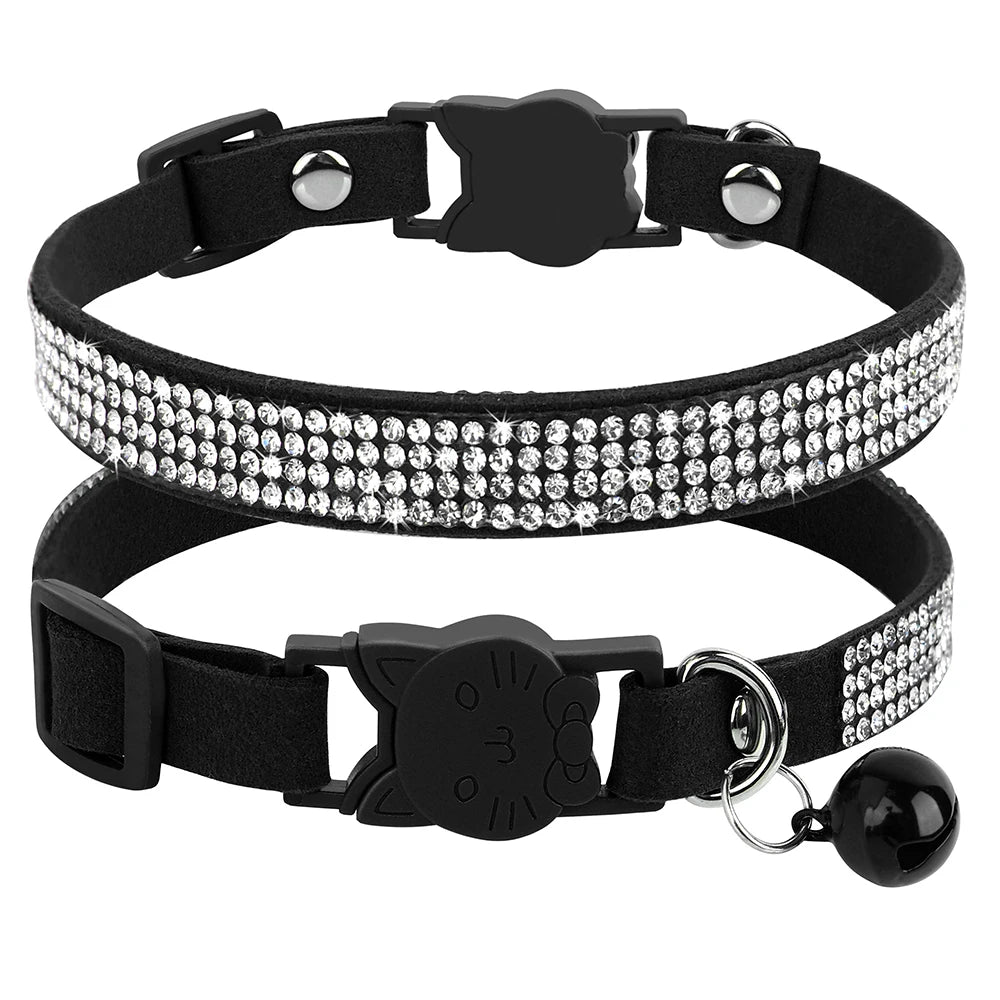 Rhinestone Bling Soft Pink Suede Cat Collar with Bell Safety Breakaway Buckle Adjustable XS/S Sizes for Kitten