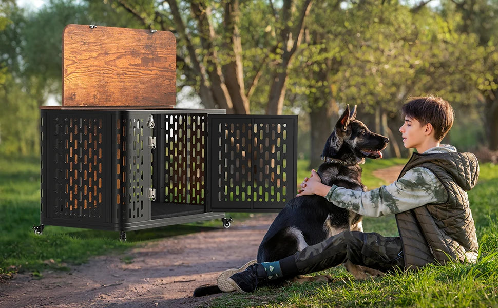 Dog Crate Pet Furniture with Cushion Wood Dog Kennel with Flexible Wheels Multi-Purpose Dog Cage for Large Small Medium Dogs