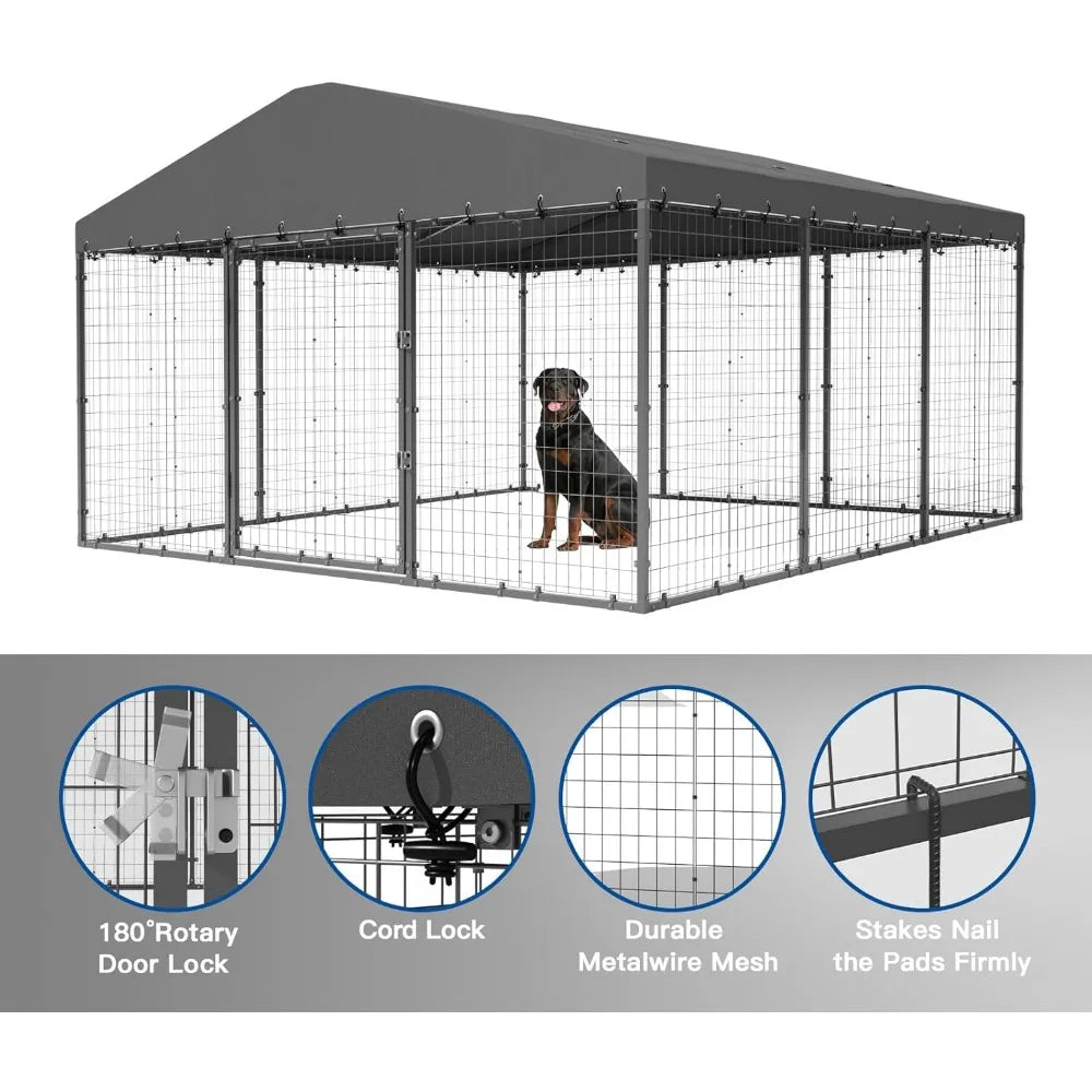 Large Outdoor Dog Kennel 118" x 118" x 70", Big Dog Fence Outside with Double Secure Locks, Heavy-Duty Weatherproof Dog Cage, D