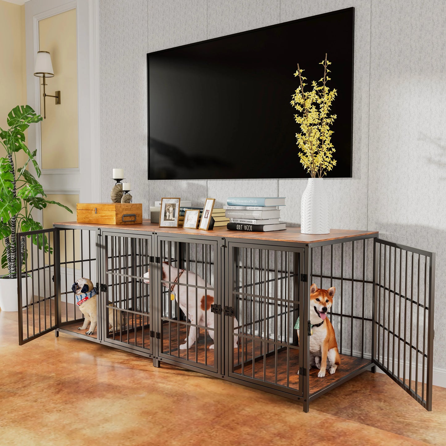 Heavy Duty Dog House End Table Furniture with Four Doors and Lock Latches Divider Wood Metal Pet Kennel Cage Crate