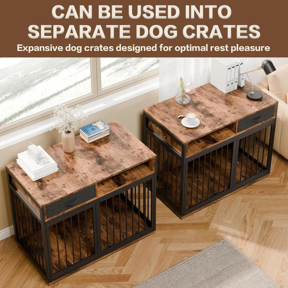 Corner Dog Crate Furniture,85.4" Metal Frame L Shaped Furniture-Style Double Dog Kennel for 2 Dogs with Divider and 2 Fabric Dra